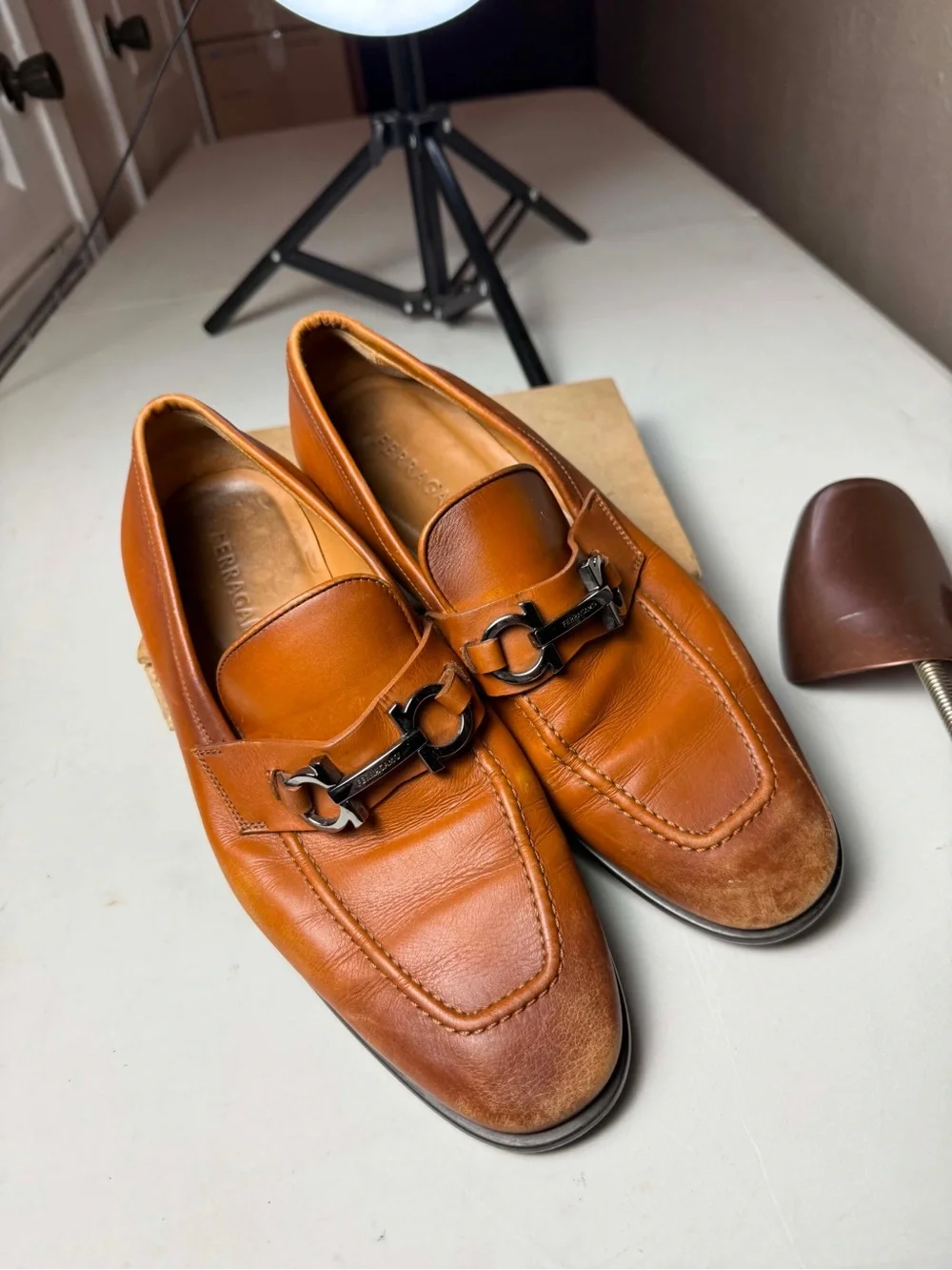 Ferragamo Loafers FORT Gancini Cocoa Brown Leather Men's Dress Slip-on Sz 7.5 EE